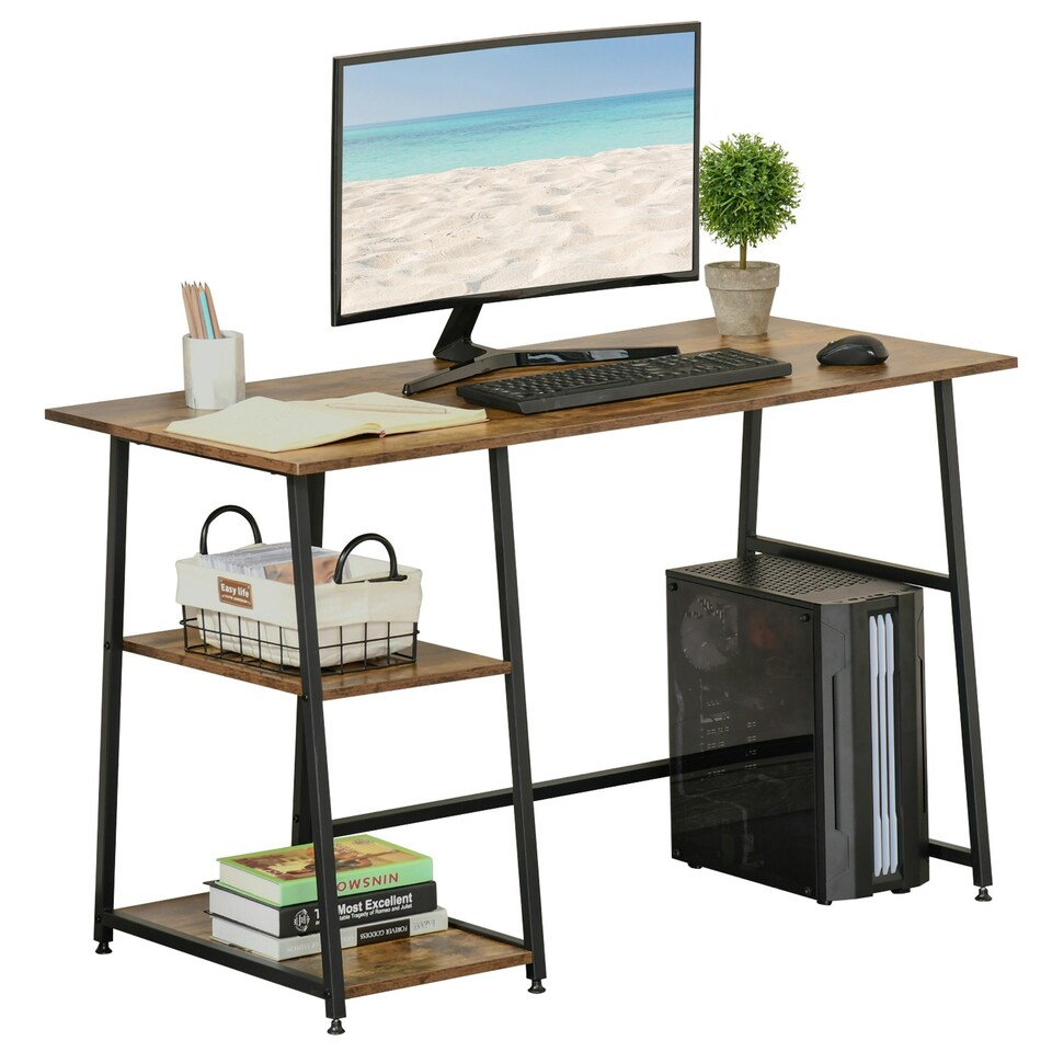 image 1 of HOMCOM Writing Desk Working Station Home Office Table with 2 Shelves Steel Frame