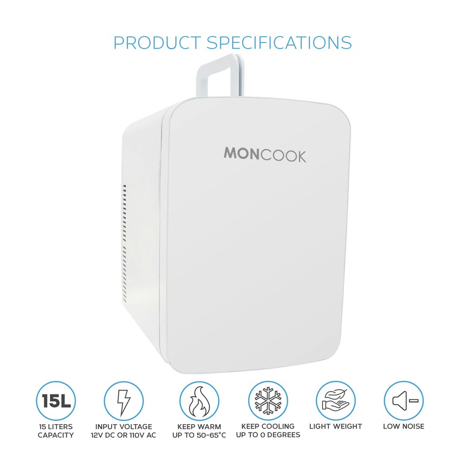 image 1 of MONCOOK Mini Fridge For Bedrooms - Small, Portable & Quiet - Glass Door Mini Fridge For Skincare, Food & Drinks - Cooling & Warming Function - 15L Grey