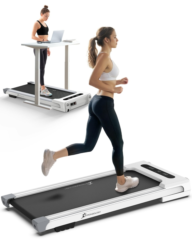 image 1 of Strongology MOTIONIC WHITE Home and Office Ultra Quiet Adjustable Speed 1-8km/h Slimline 2.5HP Bluetooth Treadmill with LED Display - Fully Assembled