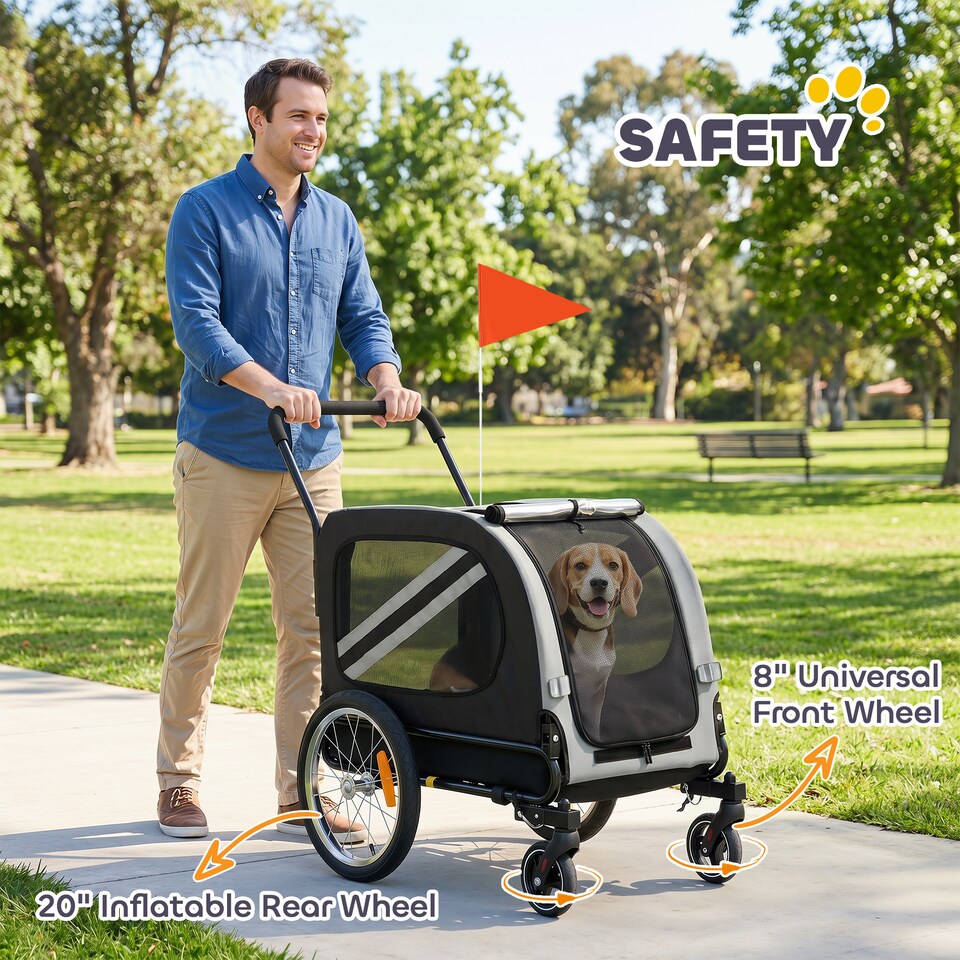 image 1 of PawHut 2-In-1 Dog Bike Trailer Stroller w/ Universal Wheel Reflector Flag