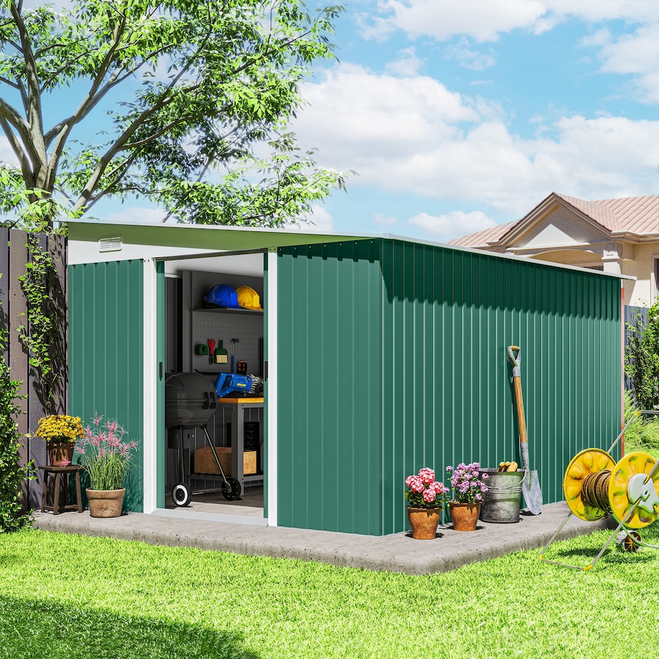image 1 of Outsunny 11.3 x 9.2ft Lean to Metal Garden Shed, Outdoor Galvanised Tool Storage House with Double Sliding Doors and 2 Air Vents, Green