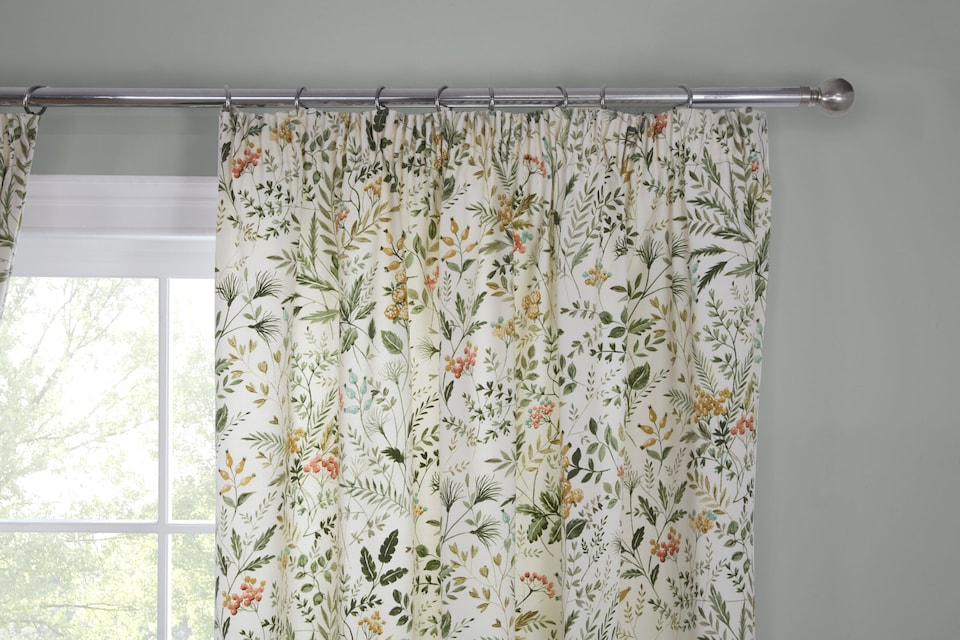 image 1 of Cleo - Fully Lined Floral Curtains - Pencil Pleat - Polycotton (Willow, 46'' x 72'' - 117cm x 183cm (Pair)) | Green | Willow