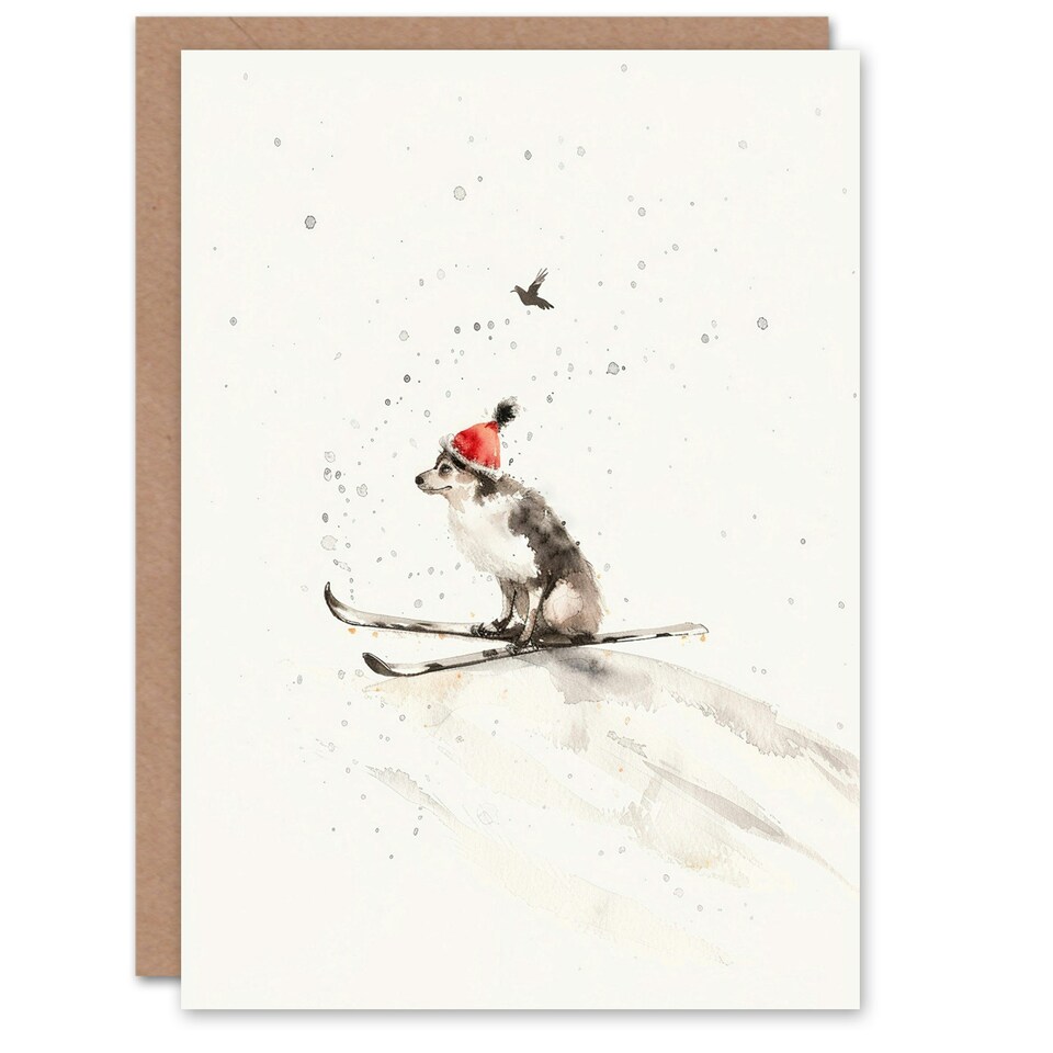 image 1 of Santa Hat Collie Skiing Festive Dog Lover Xmas Blank Christmas Card
