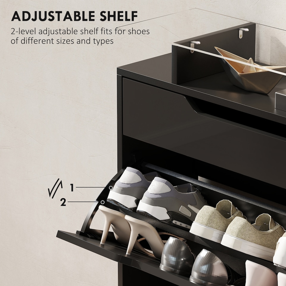 image 1 of HOMCOM Shoe Cabinet with 3 Drawers, High Gloss Front Panels, Glass Top Black | Black