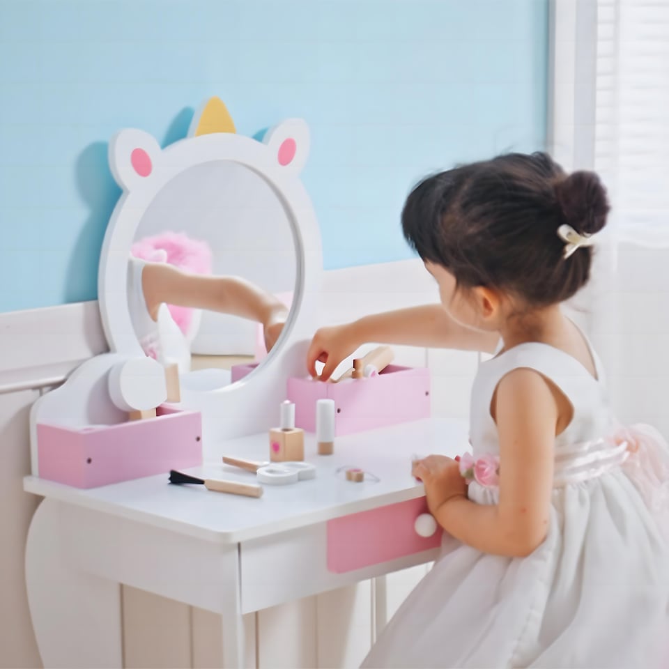 image 1 of ZONEKIZ Kids Dressing Table with Mirror and Stool, Drawer, Storage Boxes - White | White | Pink