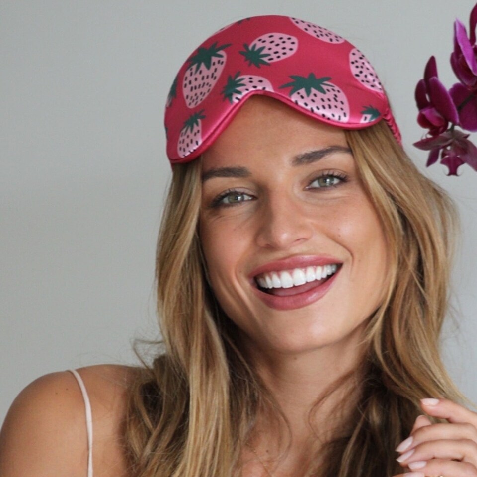image 1 of Cloud Padded Satin Sleep Mask - Strawberry Dreams Print