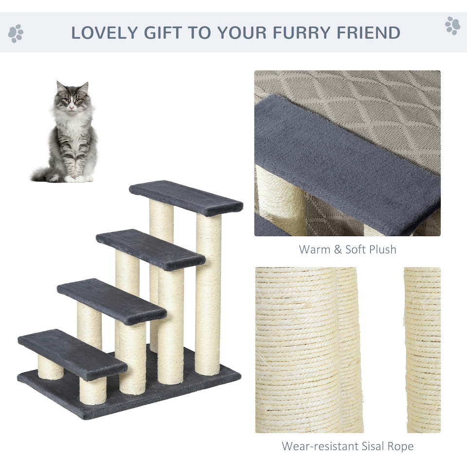 image 1 of PawHut Dog Steps for Bed 4 Step Pet Stairs ladder for Dog Cat Scratch Post Grey