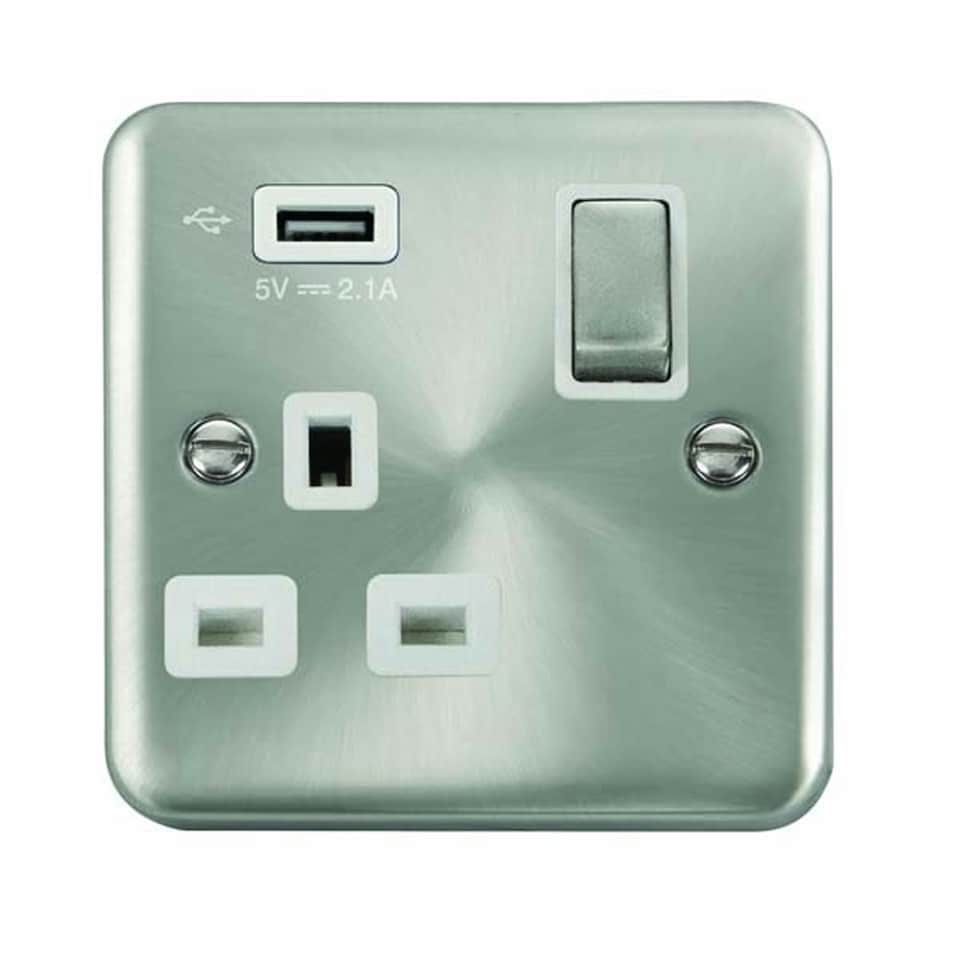 SE HOME Curved Satin Chrome 1 Gang 13A DP Ingot 1 USB Switched Plug Socket White | Satin Chrome