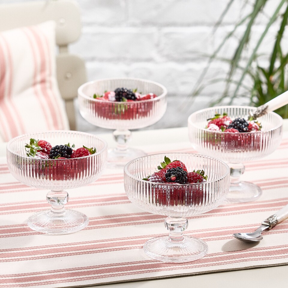 image 1 of Set of 4 Luxury Ribbed Glass Footed Dessert Bowls Wedding Decorations Ideas 300ml | Clear | Clear | Medium | 4