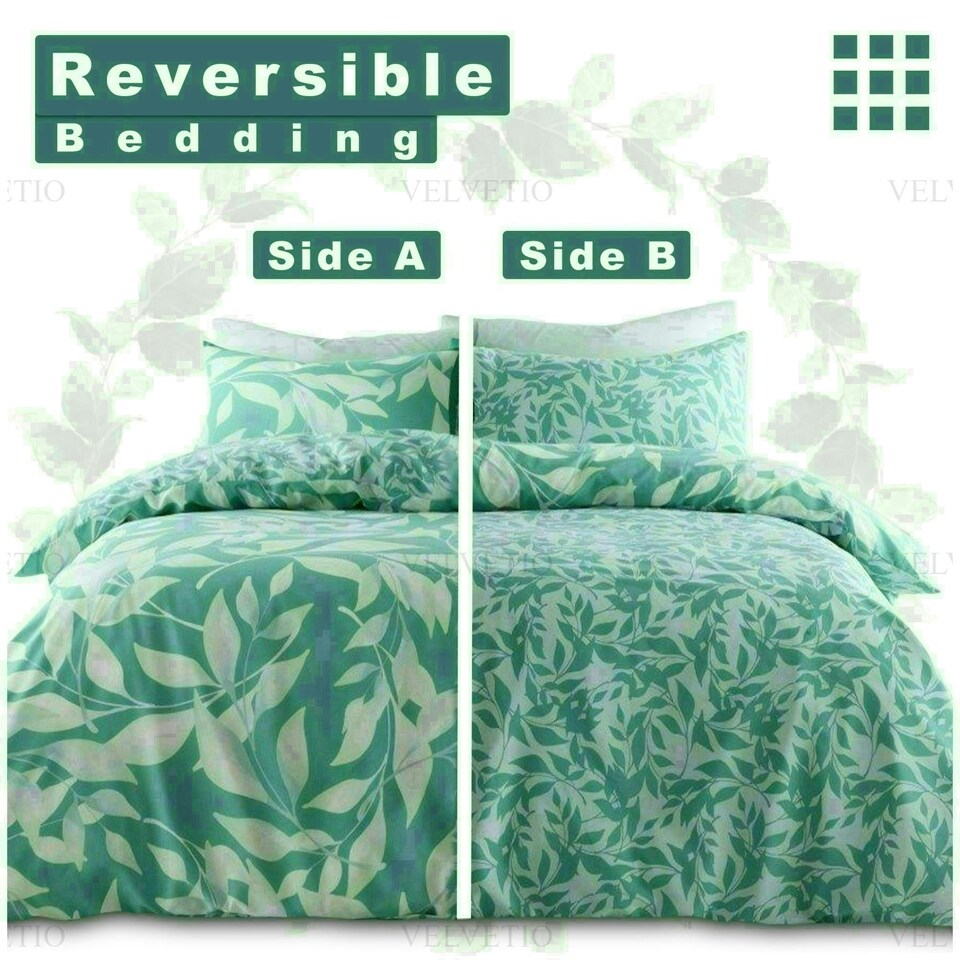 image 1 of Canyon Leaf Printed Duvet Cover Set Reversible Polycotton Beddings Green | Single
