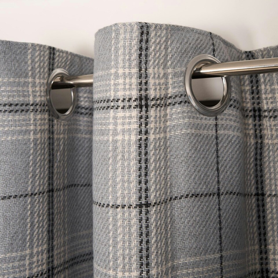image 1 of OHS Textured Woven Check Eyelet Curtains, 66x72" - Grey