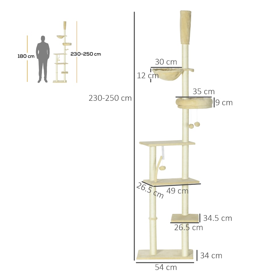 image 1 of PawHut Floor To Ceiling Cat Tree 6-Tier with Scratch Post Bed Hammock
