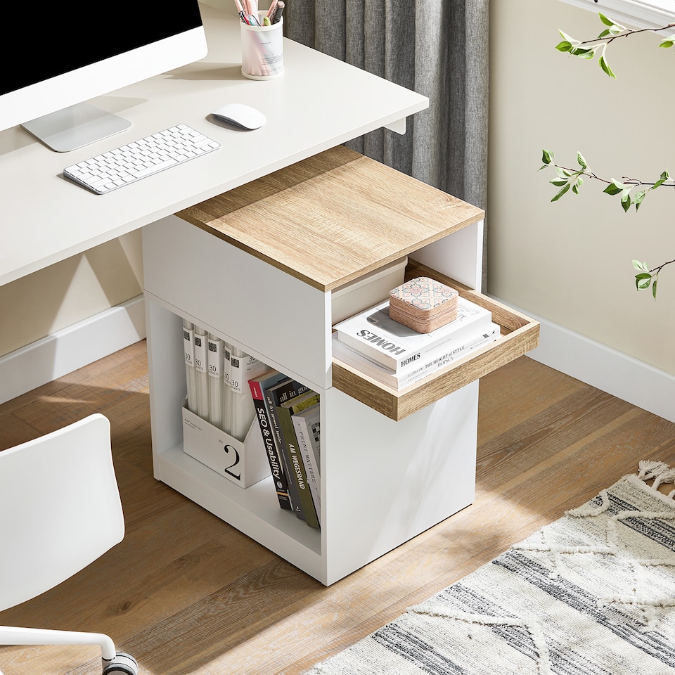 image 1 of SoBuy Printer Stand with Storage and Wheels, White & Natural Wood, 15.7x19.7x25.6 in, 16.1 kg - ASK08-WN