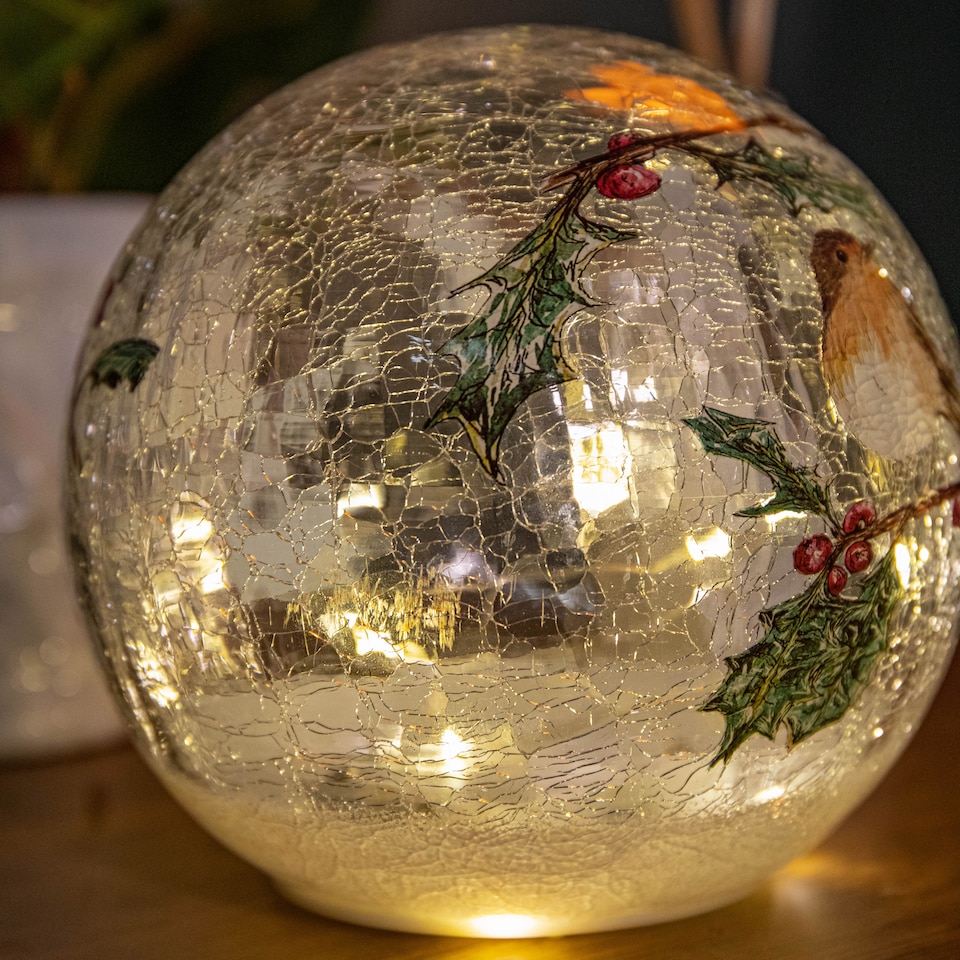 image 1 of 15cm Battery Operated Light up Robin Crackle Glass Ball with 12 Warm White LEDs