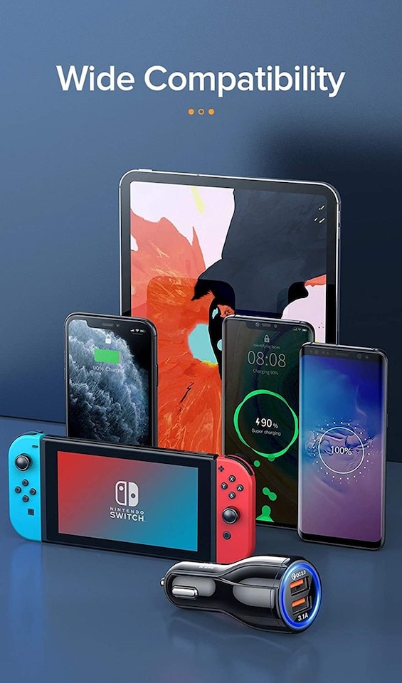 image 1 of Black Twin USB Car Charger with Fast Charge QC 3.0 Port