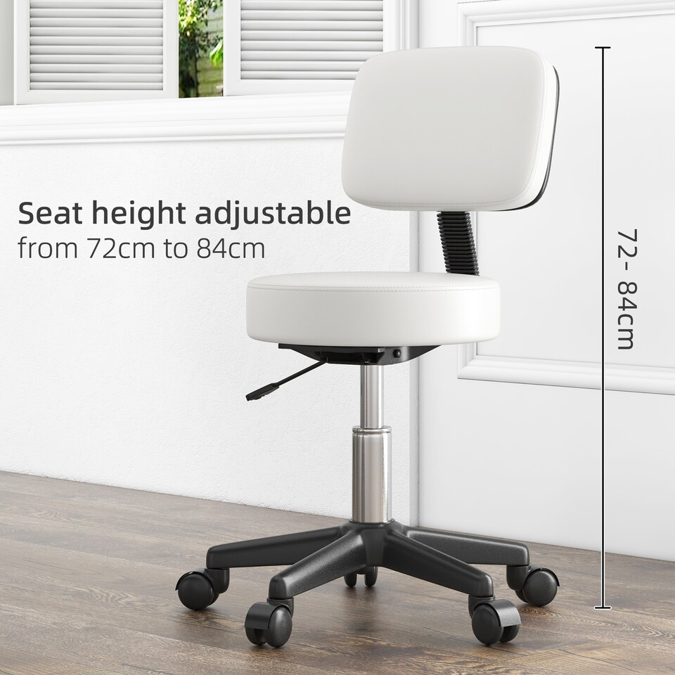 image 1 of HOMCOM Beautician's Swivel Salon Chair with Padded Seat Back 5 Wheels Adjustable Height Salon Hairdressers Tattoo Spa Rolling Cushion Professional 48cm White