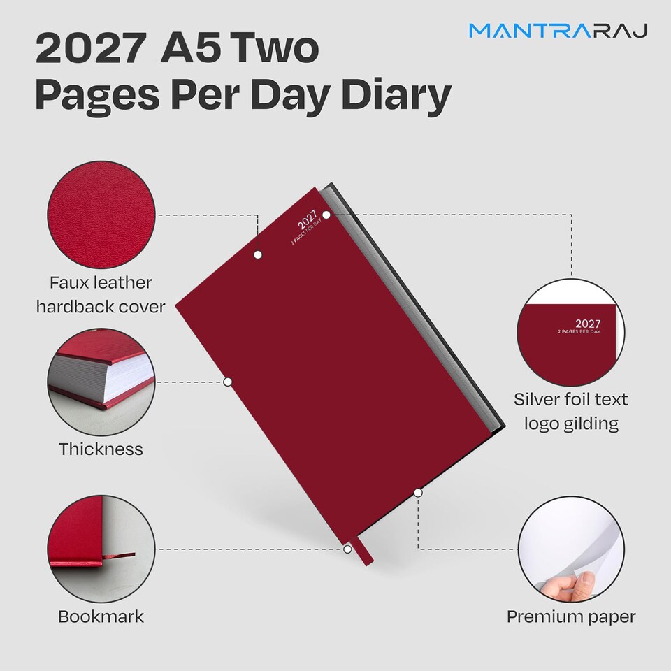 image 1 of MantraRaj 2027 Diary A5 2 Pages A Day Diary Hardback Year Planner Office Desk Diary (Red)