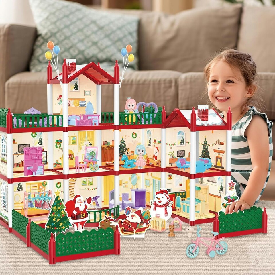 image 1 of Christmas Doll House Playset – 3D DIY Two-Story Dream Home with Accessories & Garden Holiday Gift for Kids Ages 3+