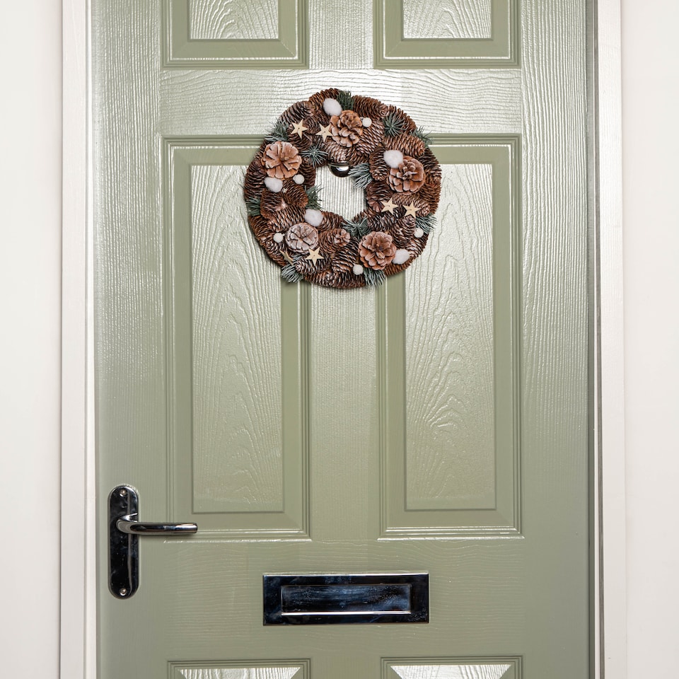 image 1 of 30cm Frosted Hanging Christmas Wreath with Pine Cones & Wooden Stars