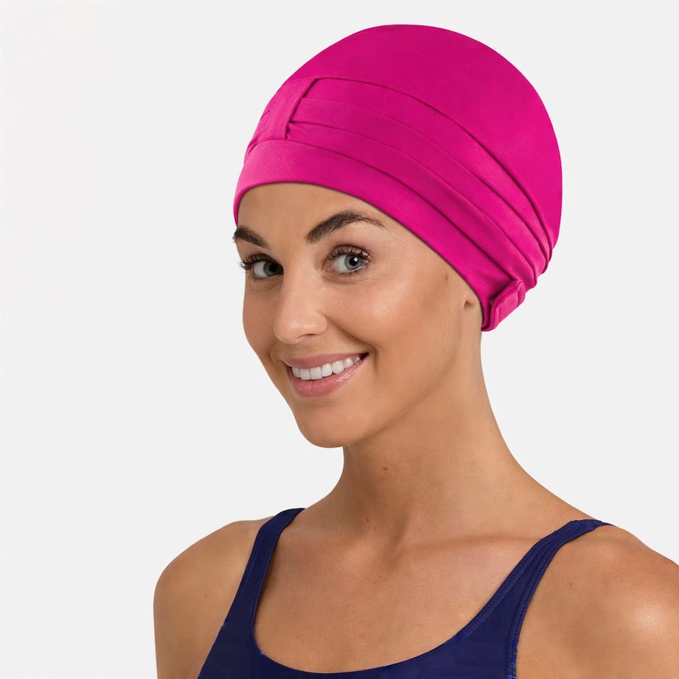 image 1 of Ladies Comfortable Fabric Swimming Cap | Turban Style Lightweight Swim Cap | Pink | Pink | One Size | 1