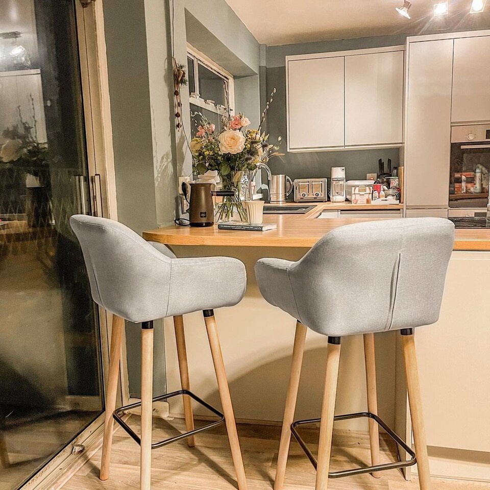 image 1 of HOMCOM Set of 2 Bar Stools Modern Upholstered Seat Bar Chairs with Metal Frame, Solid Wood Legs Living Room Dining Room Fabric Furniture - Beige