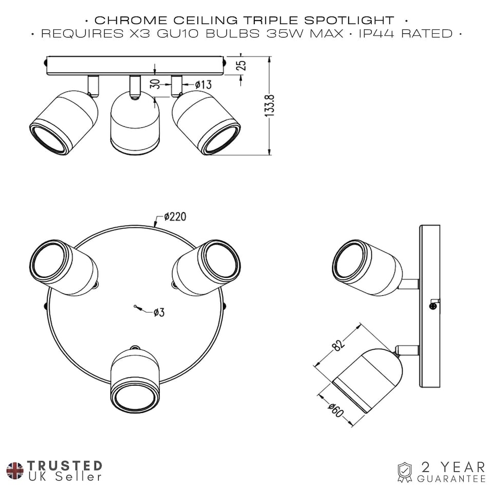 image 1 of Modern Triple Spot IP44 Bathroom Chrome Ceiling Light with Adjustable Heads | Chrome
