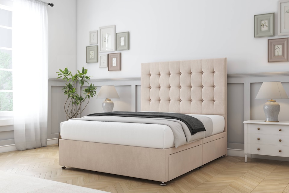 image 1 of Sloomy Alabama Sand Naples Divan Bed Base 2 Drawers Foot-End With 26 Inch Strutted Headboard | Cream | Sand | Super King | 1