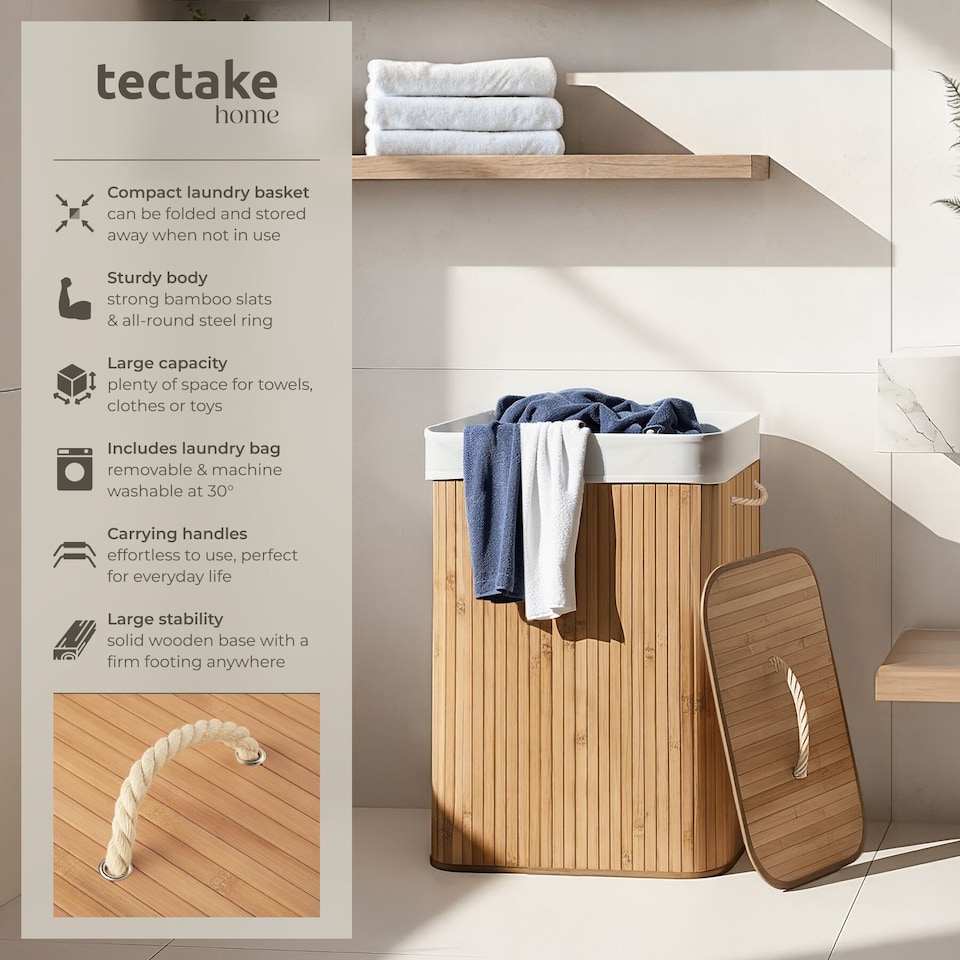 image 1 of Laundry Basket - washing hamper with lid, removable laundry bag, 2 handles | Brown | beige | 72 L | 1