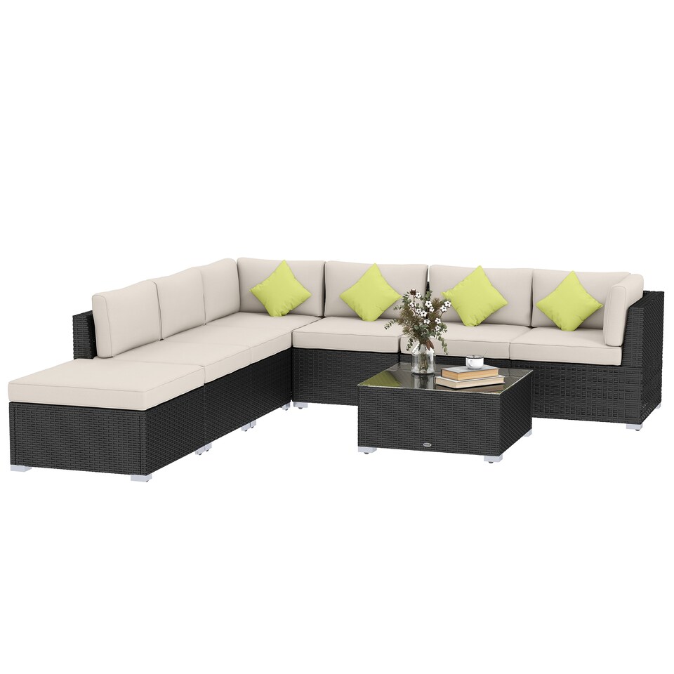image 1 of Outsunny 8 Piece Rattan Corner Sofa Set with Wide & Deep Seat, Assembled Aluminium 7 Seater PE Rattan Garden Furniture Set with Thick Cushions and Glass Top Table for Outdoor, Conservatory, Black