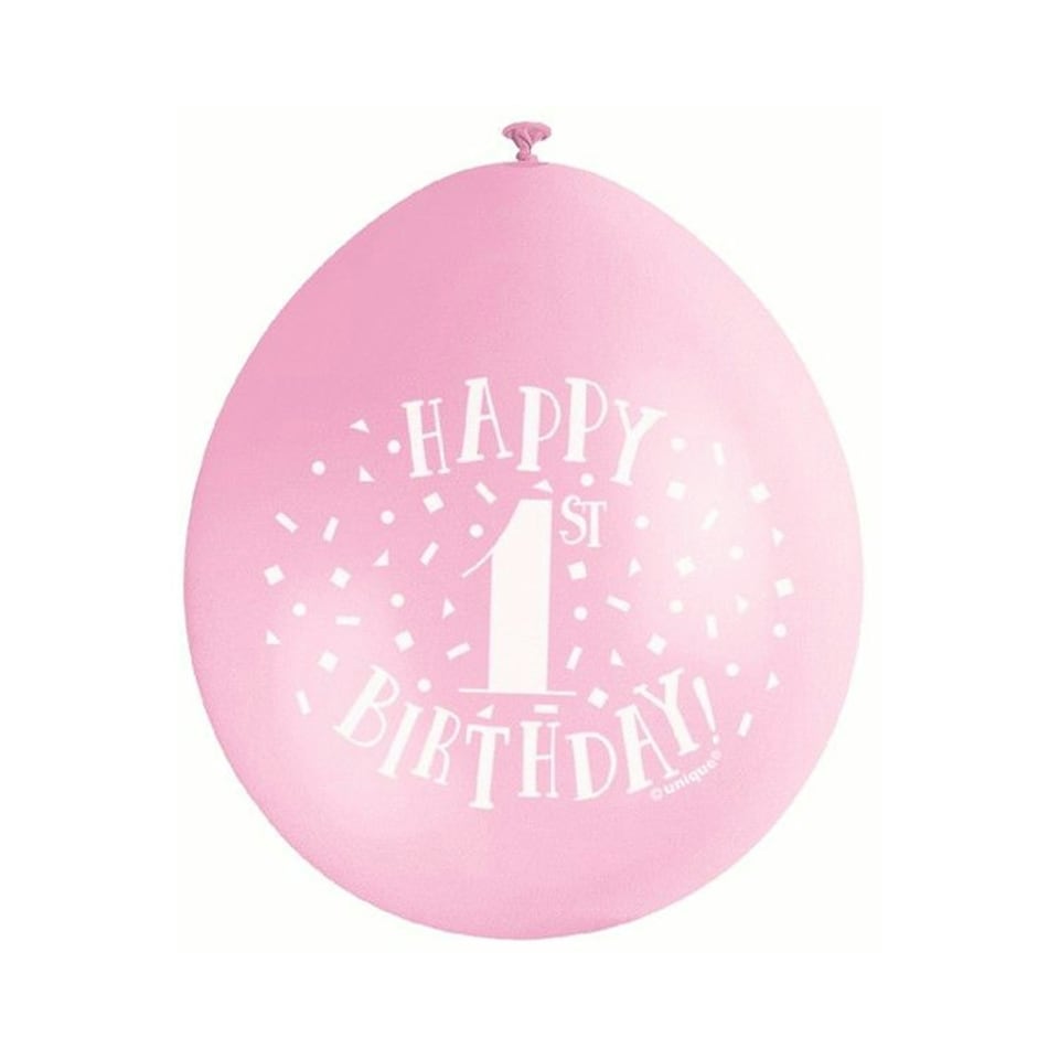 image 1 of Unique Party Happy 1st Birthday Latex Balloons (Pack of 10) - Pink/White - One Size