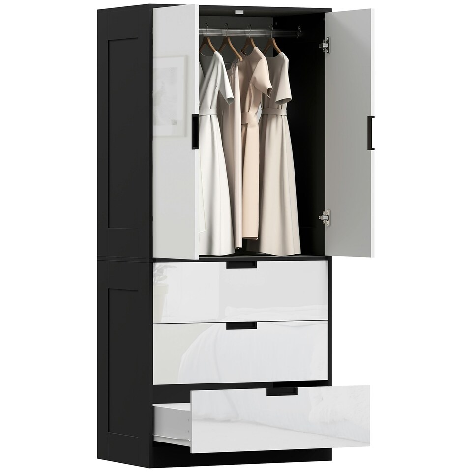 image 1 of HOMCOM Modern Wardrobe White Wardrobe with 3 Drawer and Hanging Rod White | Black