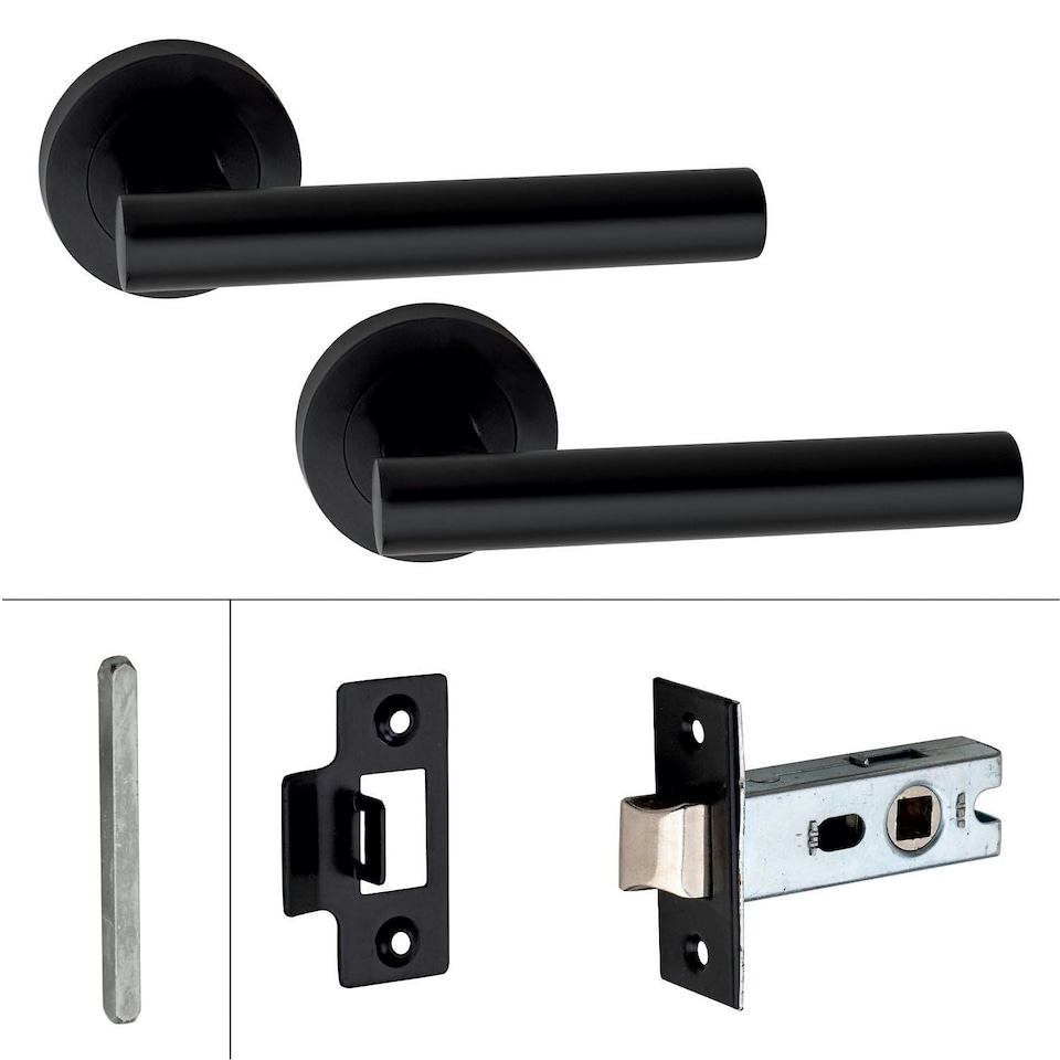 image 1 of Golden Grace 4 Pair of Straight T-Bar Design Door Handle On Round Rose Latch Door Handles with 2.5" Tubular Latch Black