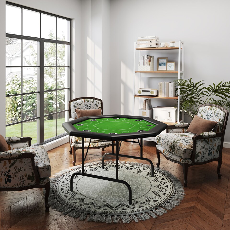 image 1 of SPORTNOW 8 Player Folding Poker Table with Cup Holders, Portable Octagon Blackjack Table with Padded Edge, Green | Green