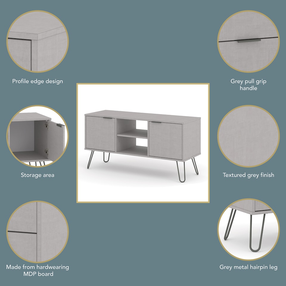 image 1 of Augusta Pine 2-Door Wide TV Unit - Wooden Media Cabinet with Hairpin Legs and Rustic Finish | Grey | Grey | 1