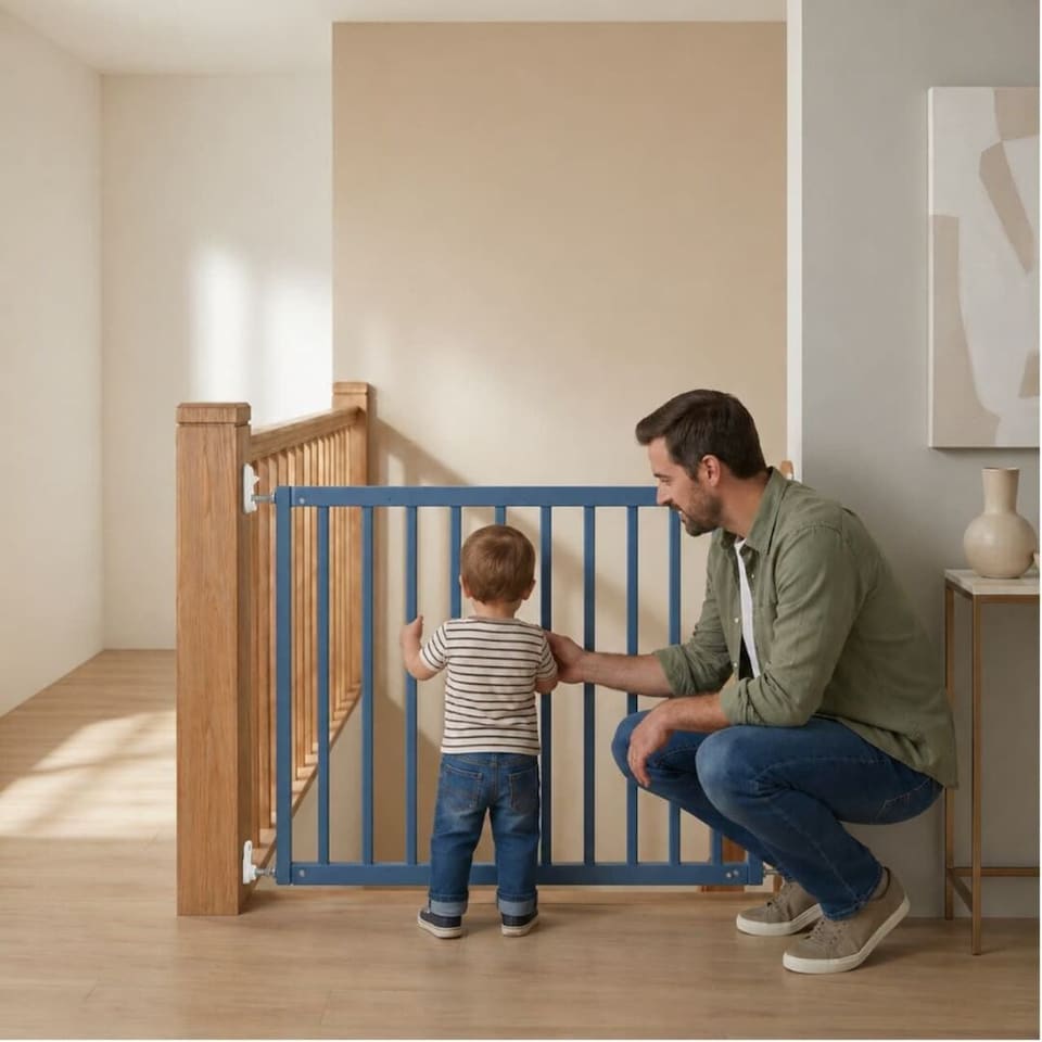 image 1 of Safetots Top of The Stairs Screw Fitted Stair Gate, Azure Blue Wooden, 63.5cm - 105.5cm, Wood Baby Gate, Safety Gate | Blue | 1