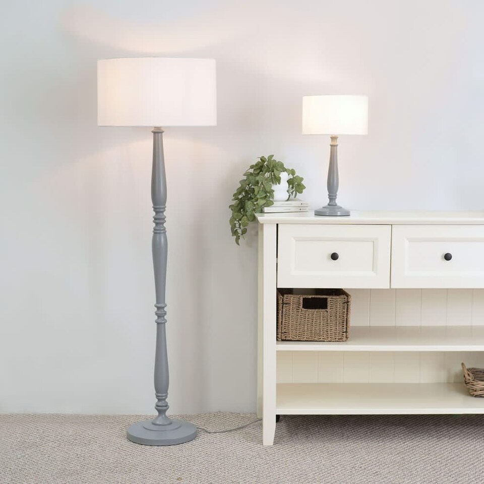 image 1 of ValueLights Victoria Grey Wood Table Lamp White Shade | Grey | White