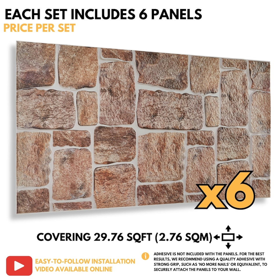 image 1 of NOVECRAFTO 3D Earthy Stone Wall Panels – 6 PVC Sheets, Covers 2.76 sqm (29.76 sq ft), 96x48cm Each – Natural Brown & Grey Stone Effect Decorative Cladding