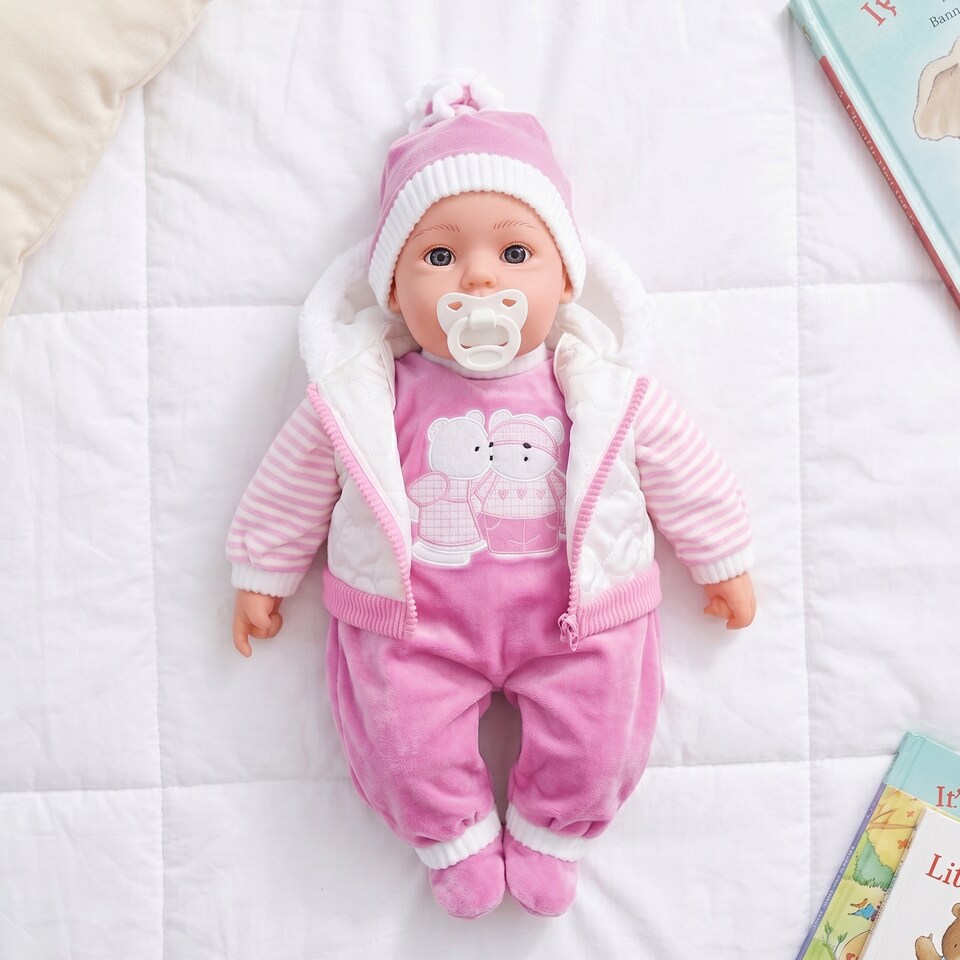 image 1 of BiBi Doll 20" Pinky Baby Doll Girl with White Coat Outfit, Sounds & Dummy Toy