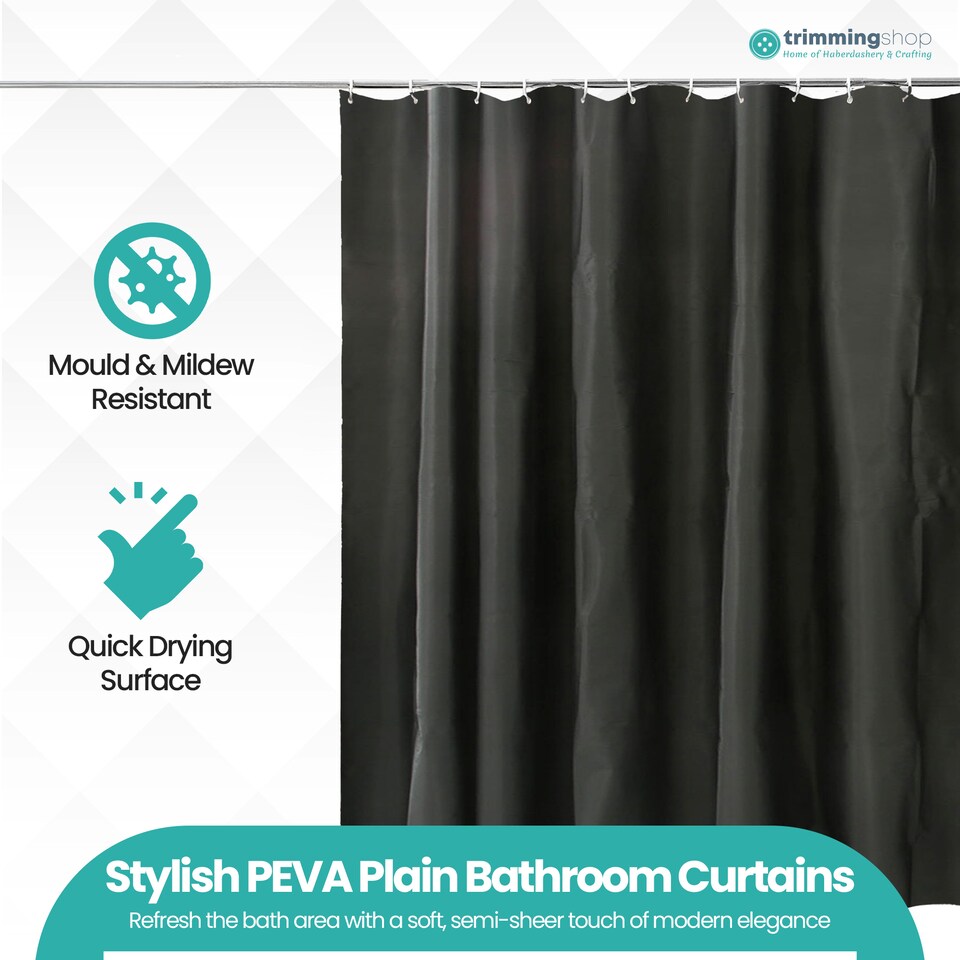 image 1 of PEVA Plain Mould & Mildew Resistant Shower Curtain with 12 Hooks - 180x180cm
