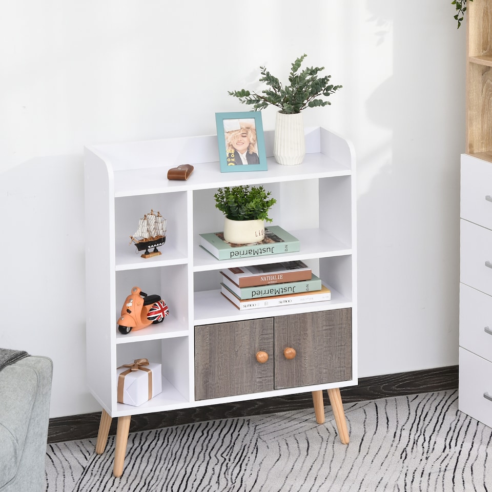 image 1 of HOMCOM Bookcase, Freestanding Book Shelf with Storage Cabinet, 6 Shelves and Wood Legs for Home Office Display, White and Grey, 24D x 71.8W x 90.8H cm