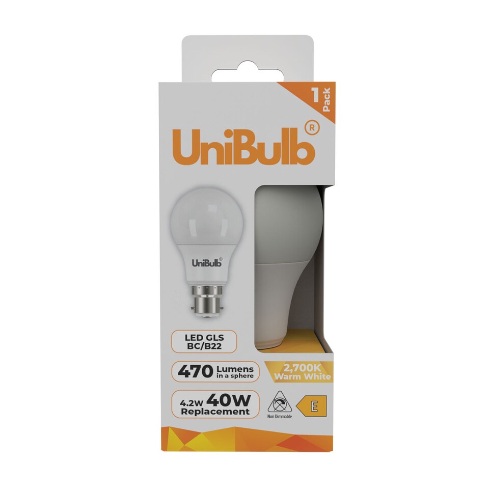 image 1 of UniBulb LED GLS B22 470lm 4.2W 2700K (Warm White) Light Bulb - Pack of 1 | White | Warm White | 1