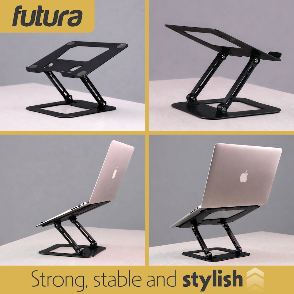 image 1 of Futura Laptop Stand Adjustable Portable Riser, Black Foldable Aluminium Holder for MacBook AirPro and 11 to 17 inch Laptops | Black | Black | One Size | 1