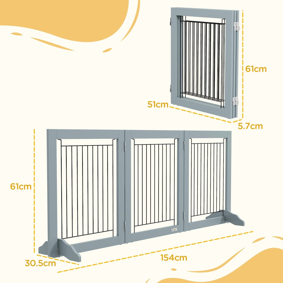 image 1 of PawHut Foldable Wooden Pet Gate w/ 3 Panels 2 Support Feet for Small Dogs