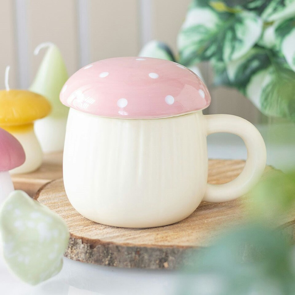 image 1 of Pink & White Mushroom Mug With Lid Cream