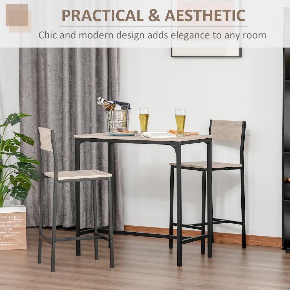 image 1 of Bar Table and Stools Set, Kitchen Table and 2 Chairs with Backrest, Footrest