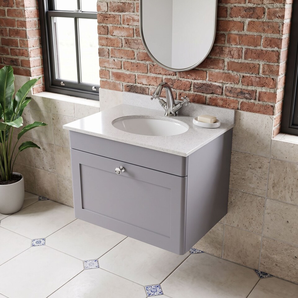 image 1 of Balterley Swynnerton Traditional 1 Drawer Wall Hung Vanity Unit with Marble Basin, Satin Grey, 600mm
