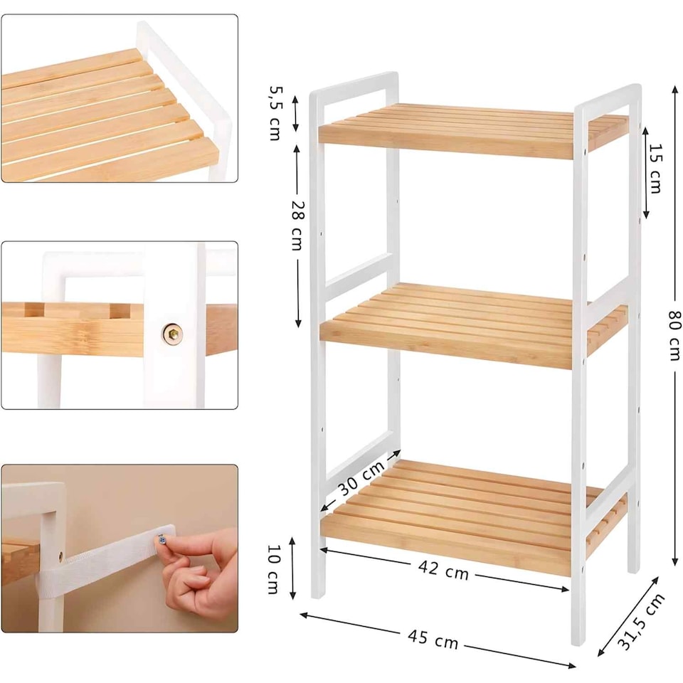 image 1 of Bamboo Storage Shelf with 3 Tiers, Multipurpose Organiser for Bathroom, Kitchen and Bedroom, Natural and White
