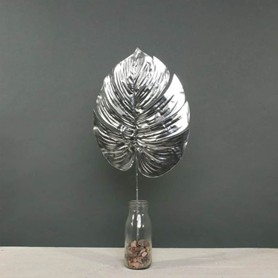Metallic Silver Monstera Tropical Leaf 55cm