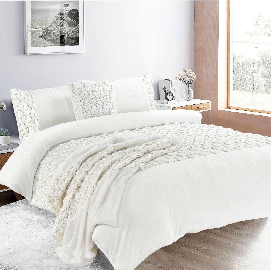 Homes Linen White Christmas Tree Teddy Fleece Duvet Cover Set with Soft Plush Festive Winter Bedding Set White Super King