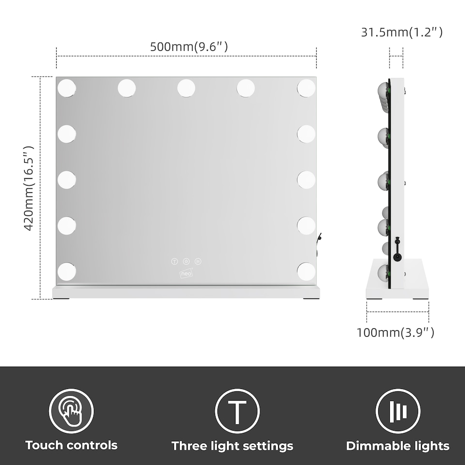 image 1 of Neo Hollywood Vanity Touch Wall Mounted Freestanding Mirror with 13 LED Bulbs Lights Makeup Lighted 3 Colour Dimmable Lighting Modes